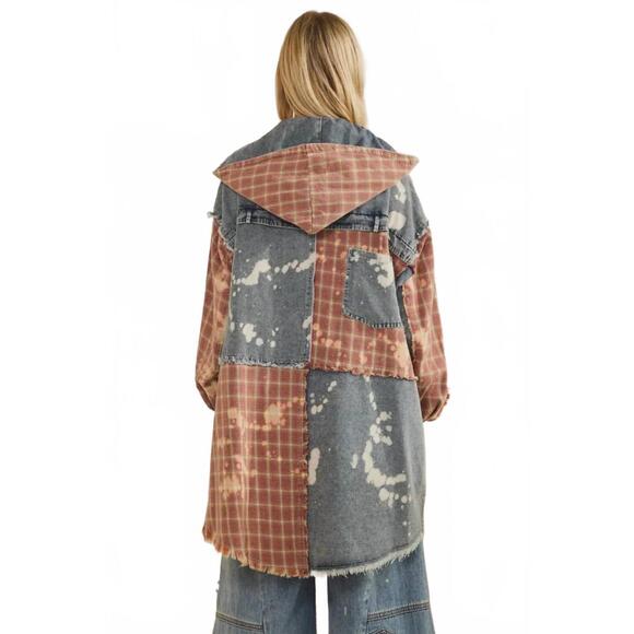 NEW OLI & HALI bleached plaid long shacket with hoodie in washed denim - Picture 3 of 5